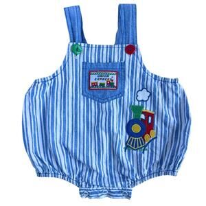 Vintage Baby Train Romper Blue Railroad Stripe Overalls 6-9M